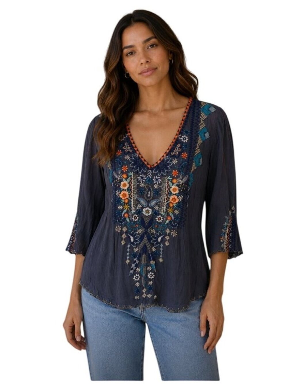 Johnny Was Gray V-neck Embroidered Blouse 3/4 sleeve - Size XS
